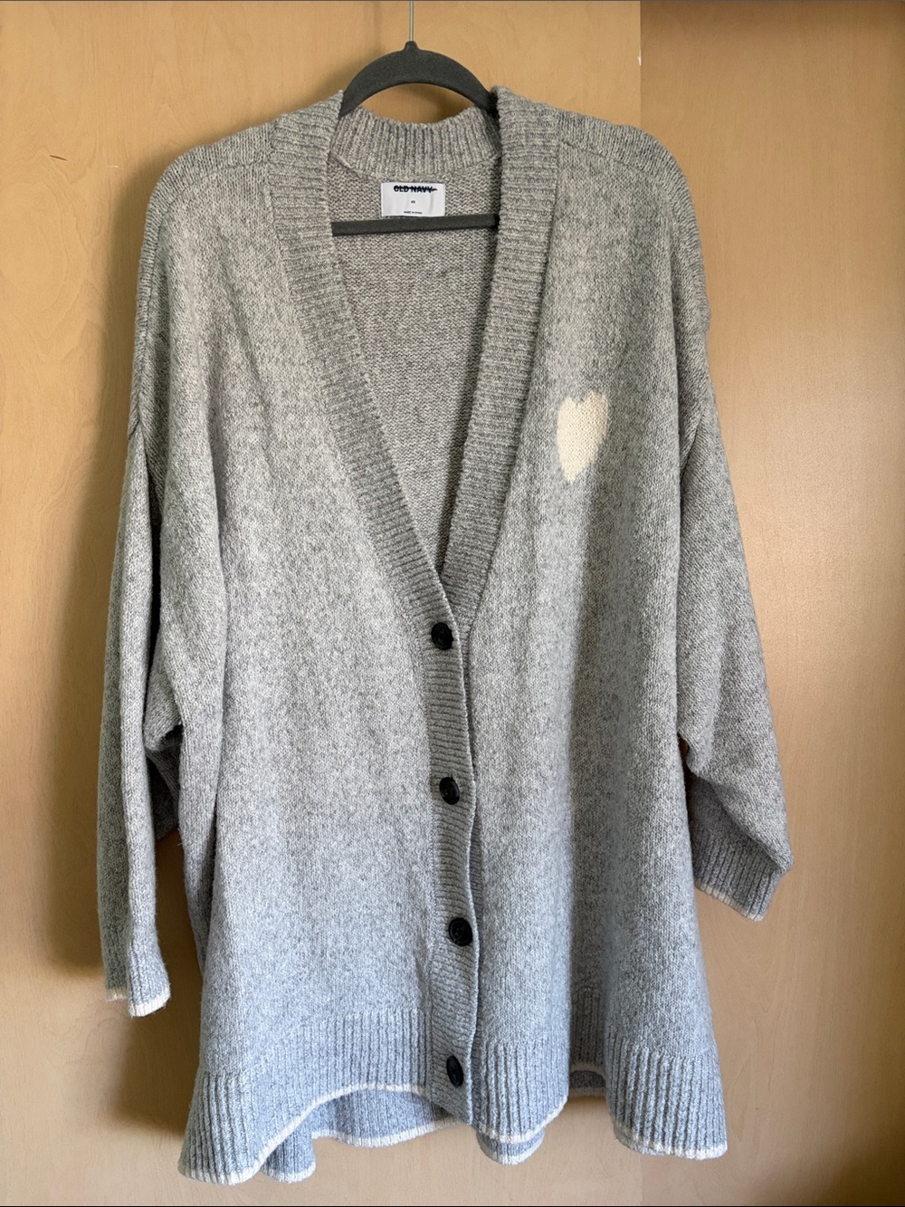 Old Navy Grey Button-Front Cardigan with White Heart Accent